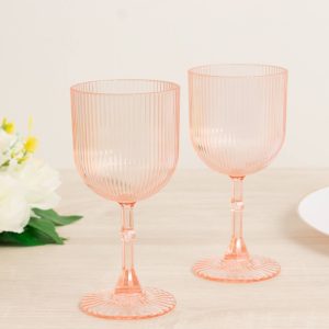 12-Pack Transparent Blush Plastic Wine Glasses 9oz, Vintage Ribbed Pattern